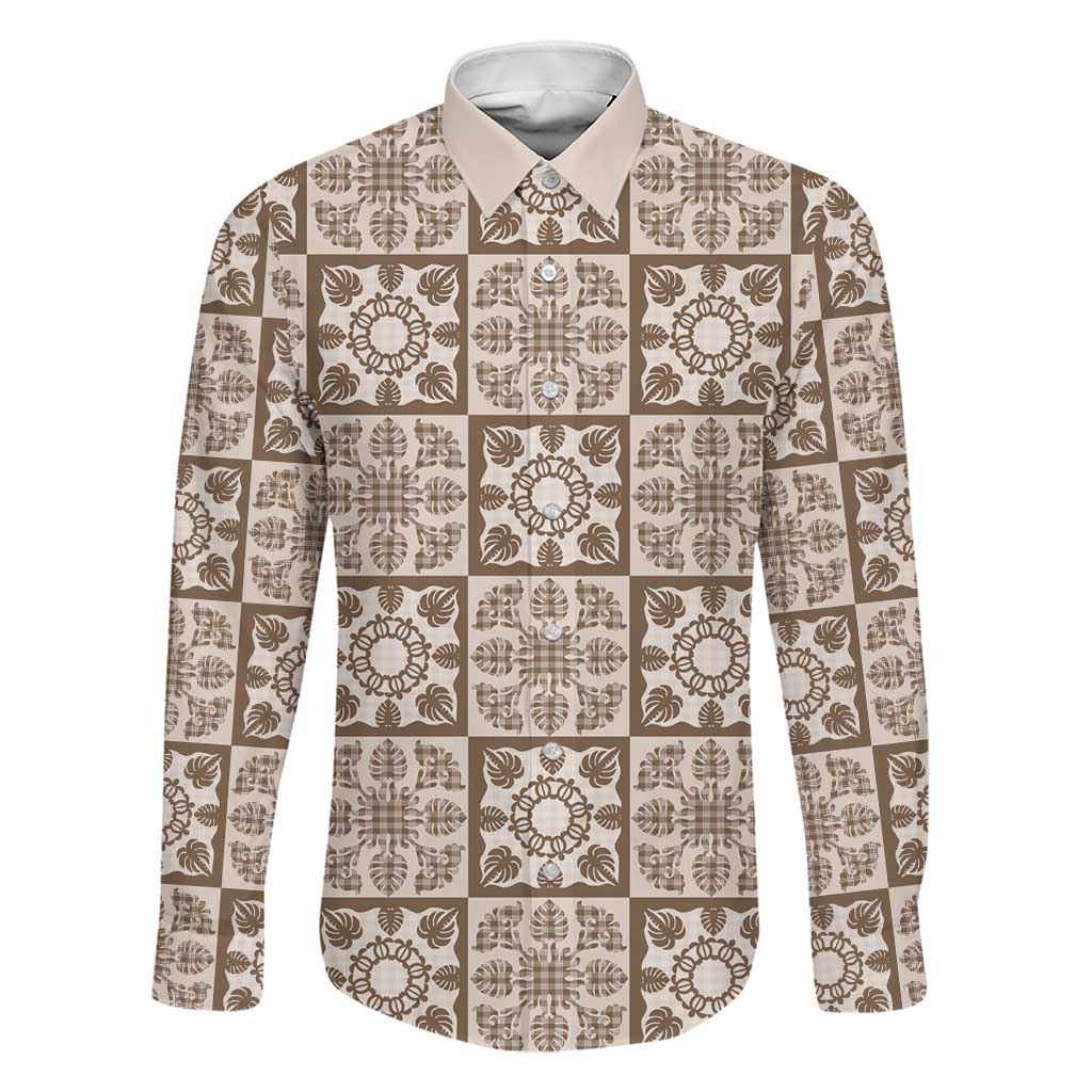 Beige Palaka Quilt Hawaii Family Matching Off Shoulder Maxi Dress and Hawaiian Shirt Hawaiian Tropical Monstera Sea Turtle LT14 Dad's Shirt - Long Sleeve Beige - Polynesian Pride