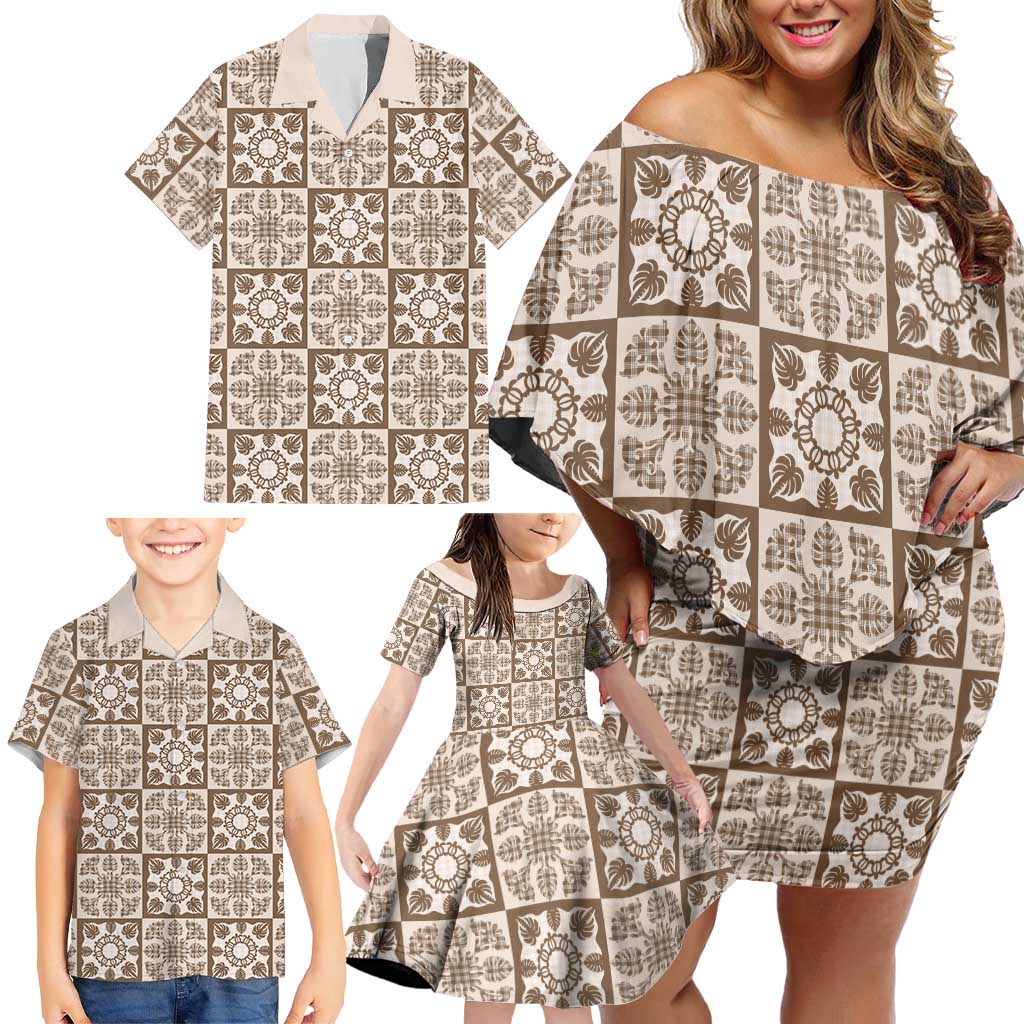Beige Palaka Quilt Hawaii Family Matching Off Shoulder Short Dress and Hawaiian Shirt Hawaiian Tropical Monstera Sea Turtle LT14 - Polynesian Pride