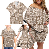 Beige Palaka Quilt Hawaii Family Matching Off Shoulder Short Dress and Hawaiian Shirt Hawaiian Tropical Monstera Sea Turtle LT14 - Polynesian Pride