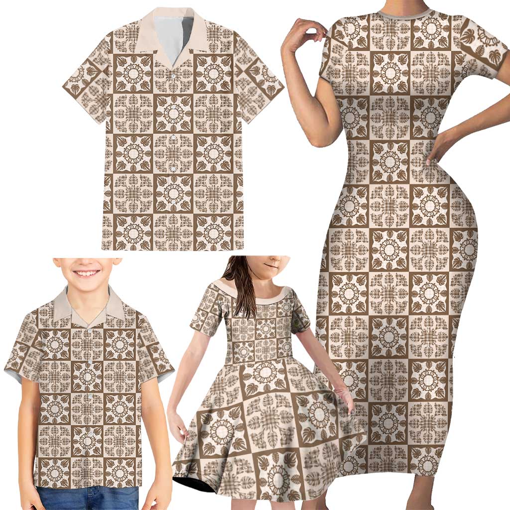 Beige Palaka Quilt Hawaii Family Matching Short Sleeve Bodycon Dress and Hawaiian Shirt Hawaiian Tropical Monstera Sea Turtle
