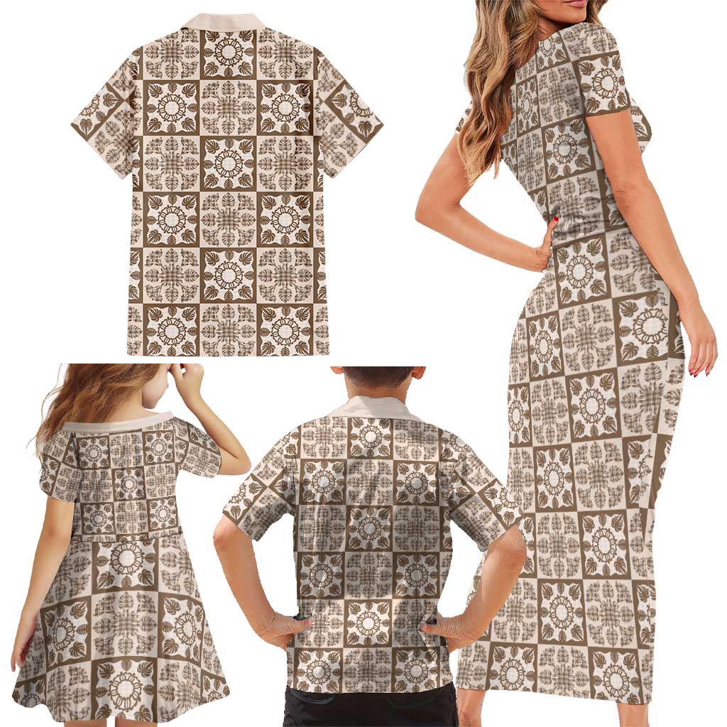 Beige Palaka Quilt Hawaii Family Matching Short Sleeve Bodycon Dress and Hawaiian Shirt Hawaiian Tropical Monstera Sea Turtle