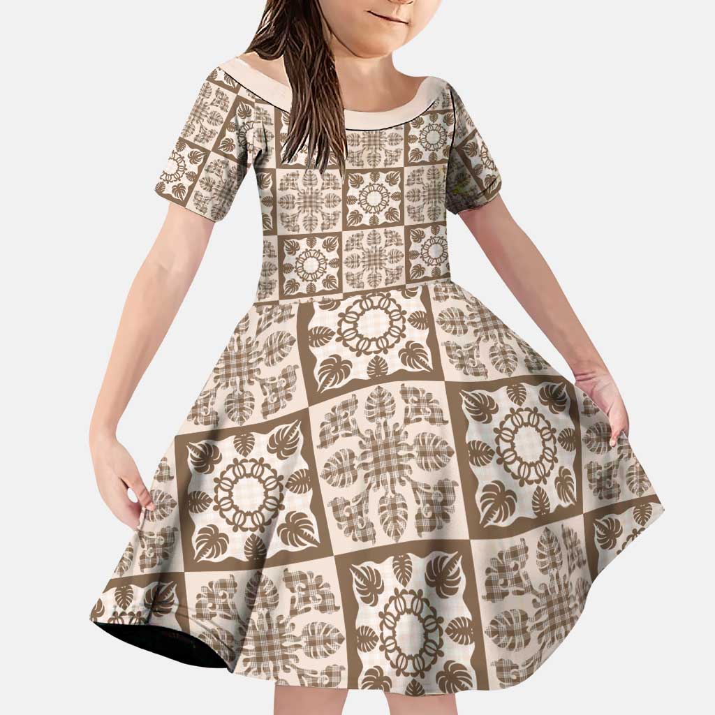 Beige Palaka Quilt Hawaii Family Matching Summer Maxi Dress and Hawaiian Shirt Hawaiian Tropical Monstera Sea Turtle LT14 Daughter's Dress Beige - Polynesian Pride