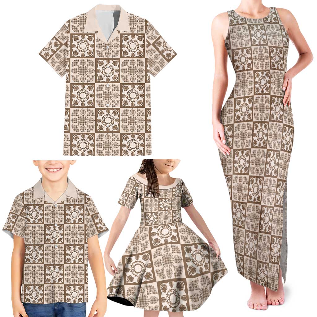 Beige Palaka Quilt Hawaii Family Matching Tank Maxi Dress and Hawaiian Shirt Hawaiian Tropical Monstera Sea Turtle LT14 - Polynesian Pride