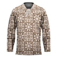 Beige Palaka Quilt Hawaii Hockey Jersey Hawaiian Tropical Monstera Sea Turtle