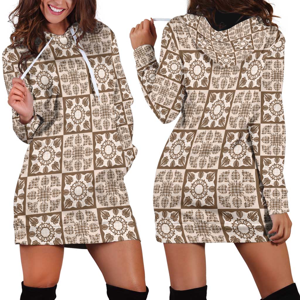 Beige Palaka Quilt Hawaii Hoodie Dress Hawaiian Tropical Monstera Sea Turtle LT14 - Polynesian Pride