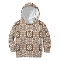 Beige Palaka Quilt Hawaii Kid Hoodie Hawaiian Tropical Monstera Sea Turtle