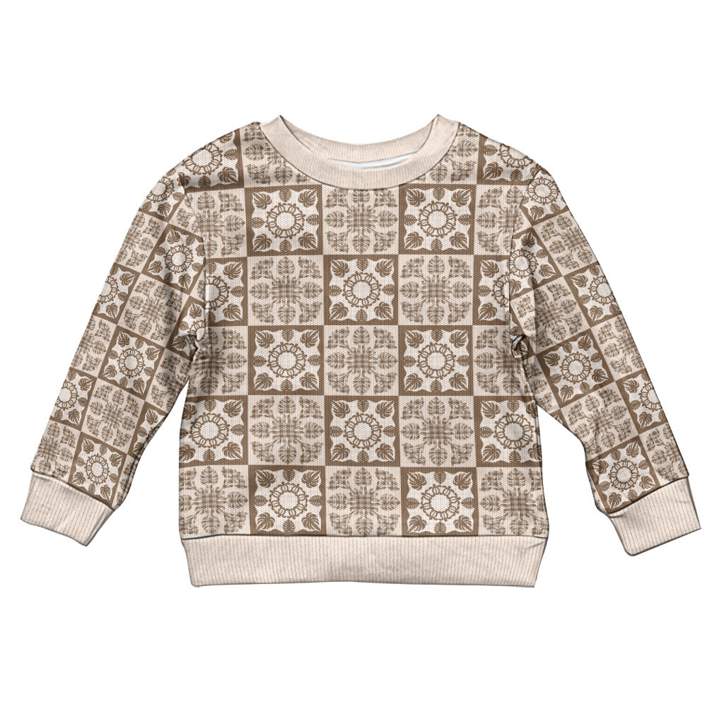 Beige Palaka Quilt Hawaii Kid Ugly Christmas Sweater Hawaiian Tropical Monstera Sea Turtle LT14 Kid Beige - Polynesian Pride