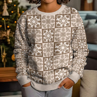Beige Palaka Quilt Hawaii Kid Ugly Christmas Sweater Hawaiian Tropical Monstera Sea Turtle LT14 - Polynesian Pride