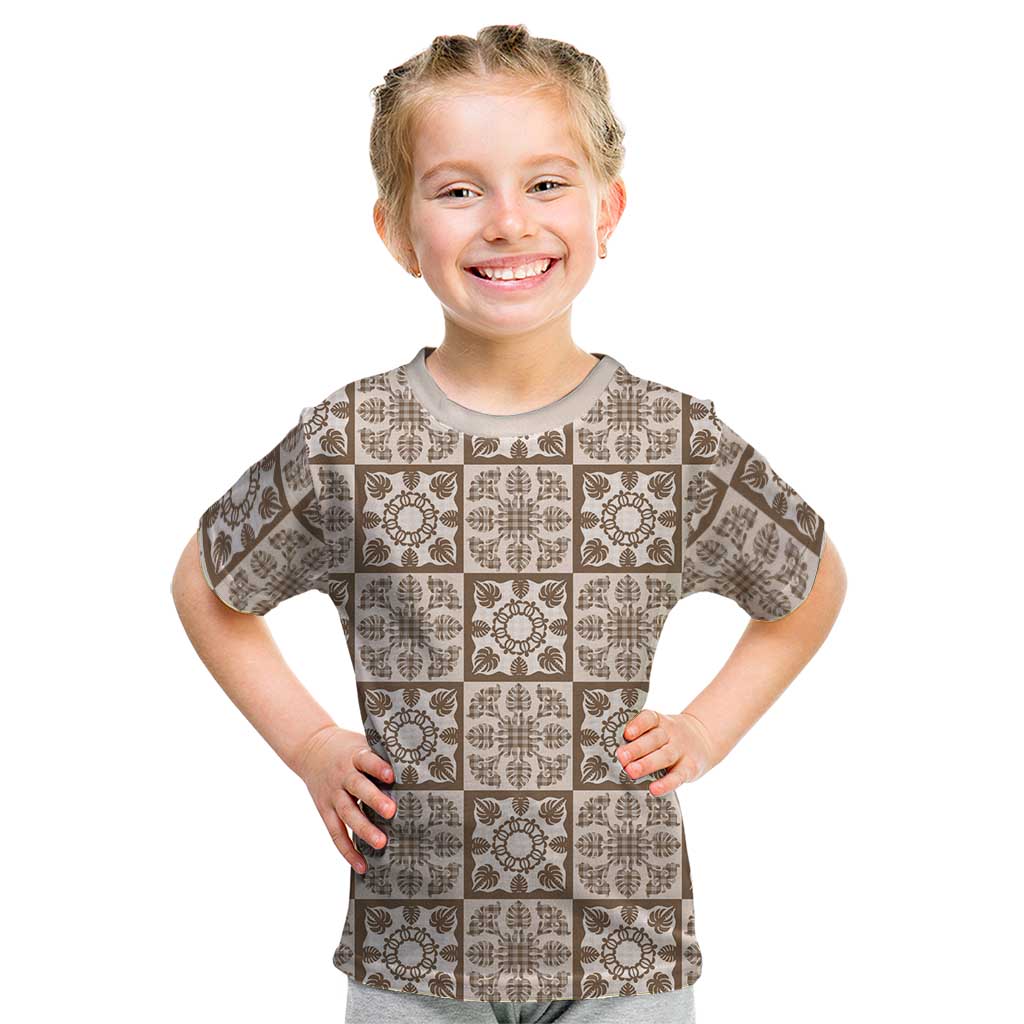 Beige Palaka Quilt Hawaii Kid T Shirt Hawaiian Tropical Monstera Sea Turtle