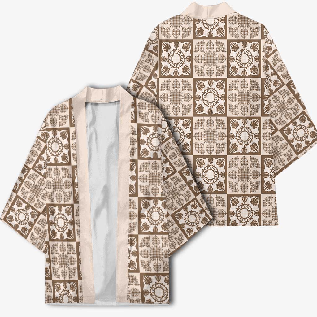 Beige Palaka Quilt Hawaii Kimono Hawaiian Tropical Monstera Sea Turtle LT14 - Polynesian Pride