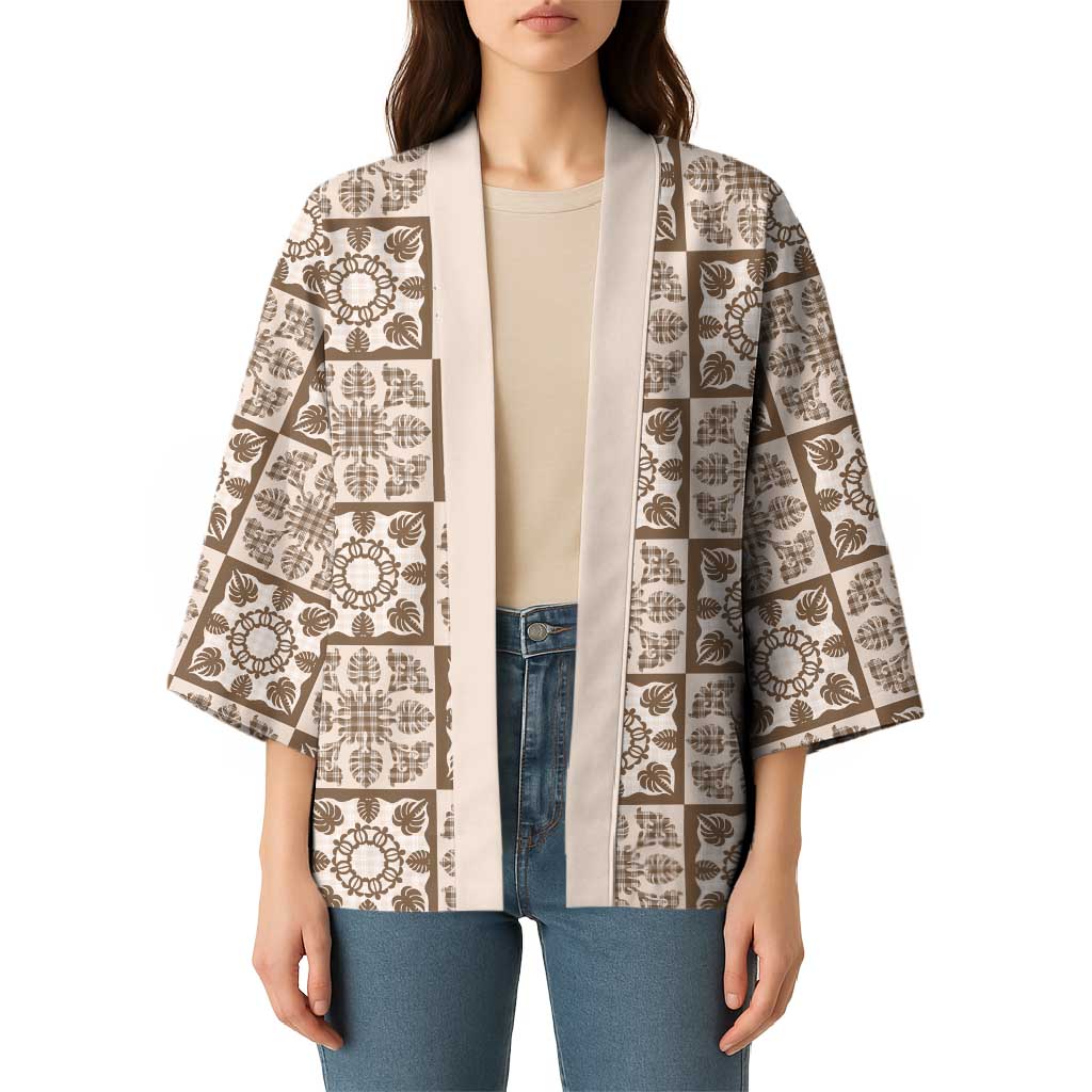 Beige Palaka Quilt Hawaii Kimono Hawaiian Tropical Monstera Sea Turtle LT14 - Polynesian Pride