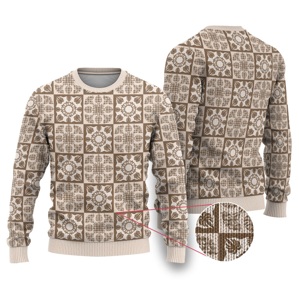 Beige Palaka Quilt Hawaii Ugly Christmas Sweater Hawaiian Tropical Monstera Sea Turtle LT14 Beige - Polynesian Pride