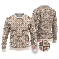 Beige Palaka Quilt Hawaii Ugly Christmas Sweater Hawaiian Tropical Monstera Sea Turtle LT14 Beige - Polynesian Pride