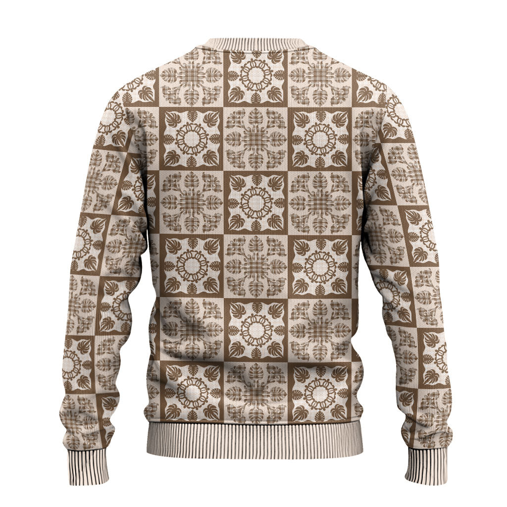 Beige Palaka Quilt Hawaii Ugly Christmas Sweater Hawaiian Tropical Monstera Sea Turtle LT14 - Polynesian Pride