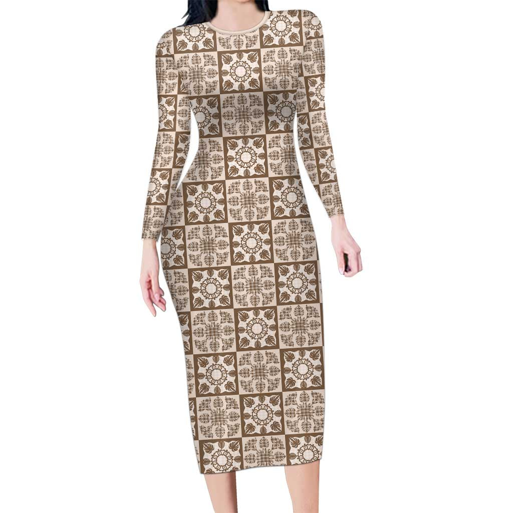 Beige Palaka Quilt Hawaii Long Sleeve Bodycon Dress Hawaiian Tropical Monstera Sea Turtle