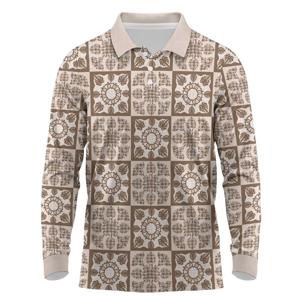 Beige Palaka Quilt Hawaii Long Sleeve Polo Shirt Hawaiian Tropical Monstera Sea Turtle LT14 Beige - Polynesian Pride