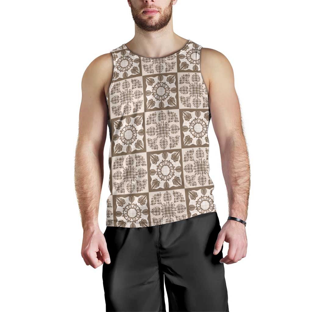 Beige Palaka Quilt Hawaii Men Tank Top Hawaiian Tropical Monstera Sea Turtle