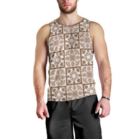 Beige Palaka Quilt Hawaii Men Tank Top Hawaiian Tropical Monstera Sea Turtle