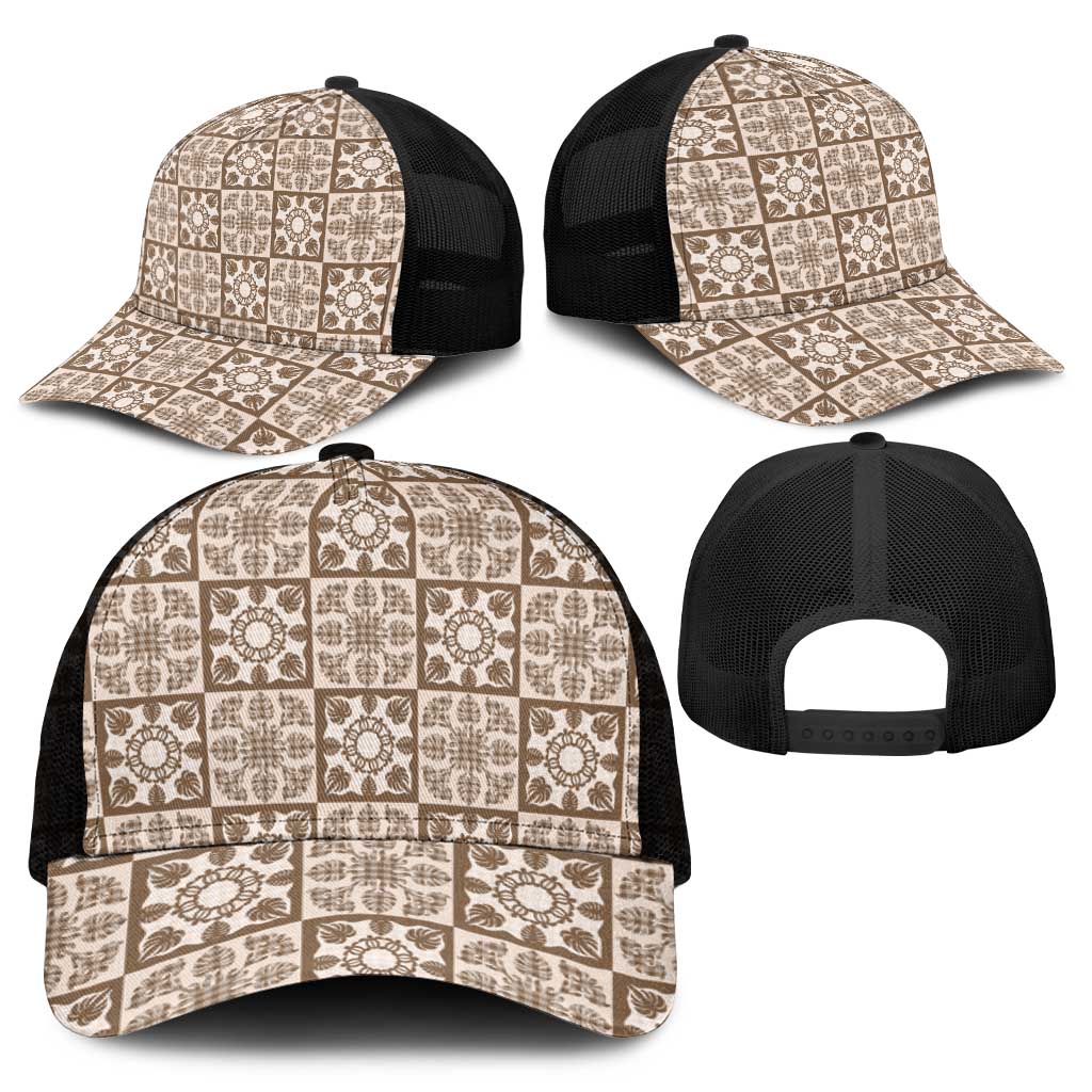 Beige Palaka Quilt Hawaii Mesh Trucker Cap Hawaiian Tropical Monstera Sea Turtle