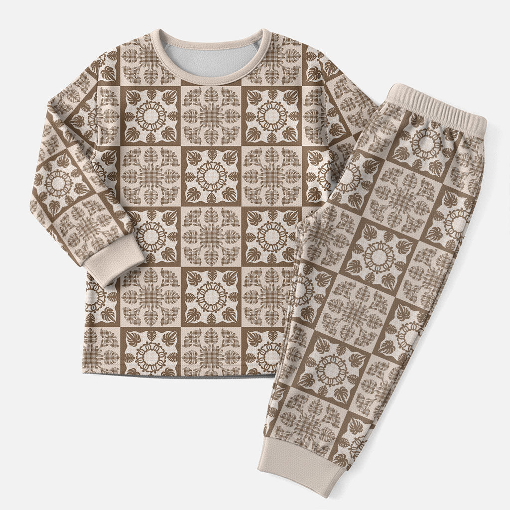 Beige Palaka Quilt Hawaii Christmas Pajama Set Hawaiian Tropical Monstera Sea Turtle LT14 Men Beige - Polynesian Pride