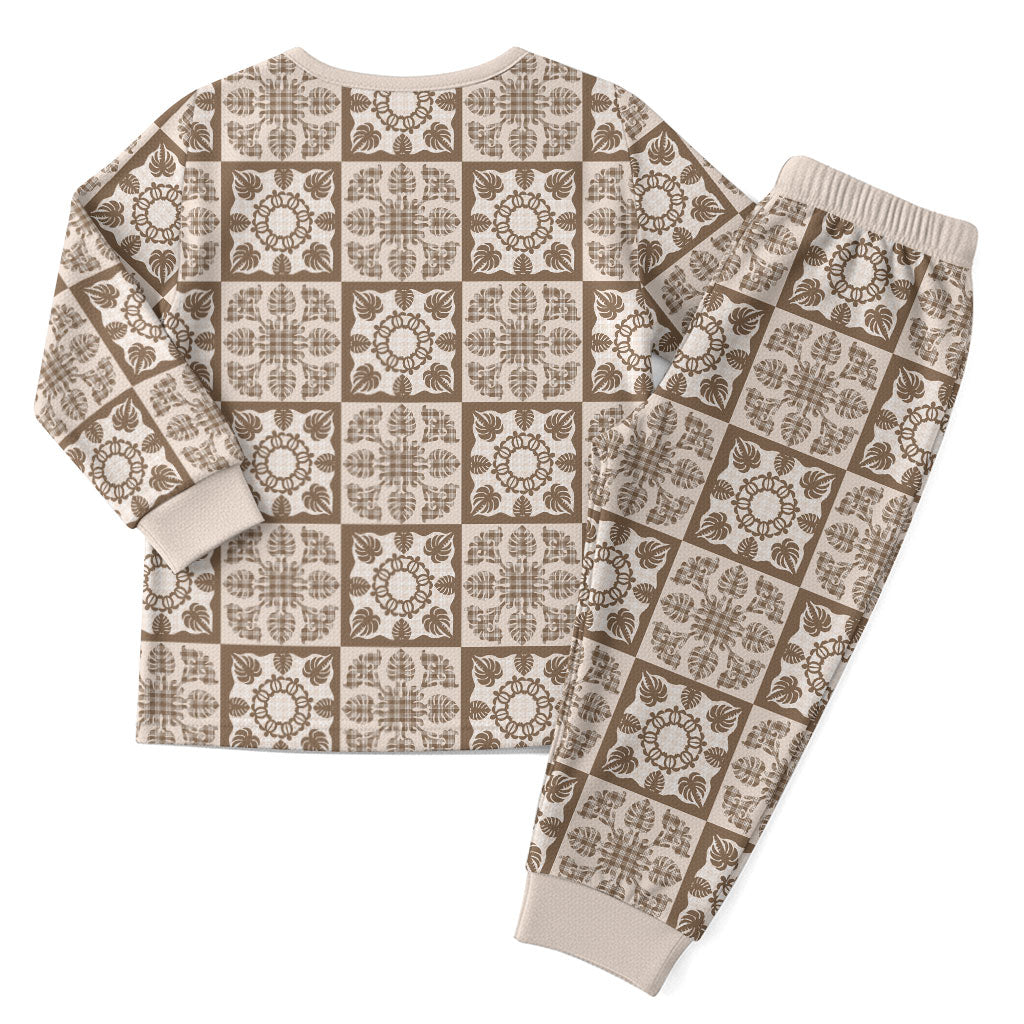 Beige Palaka Quilt Hawaii Christmas Pajama Set Hawaiian Tropical Monstera Sea Turtle LT14 - Polynesian Pride
