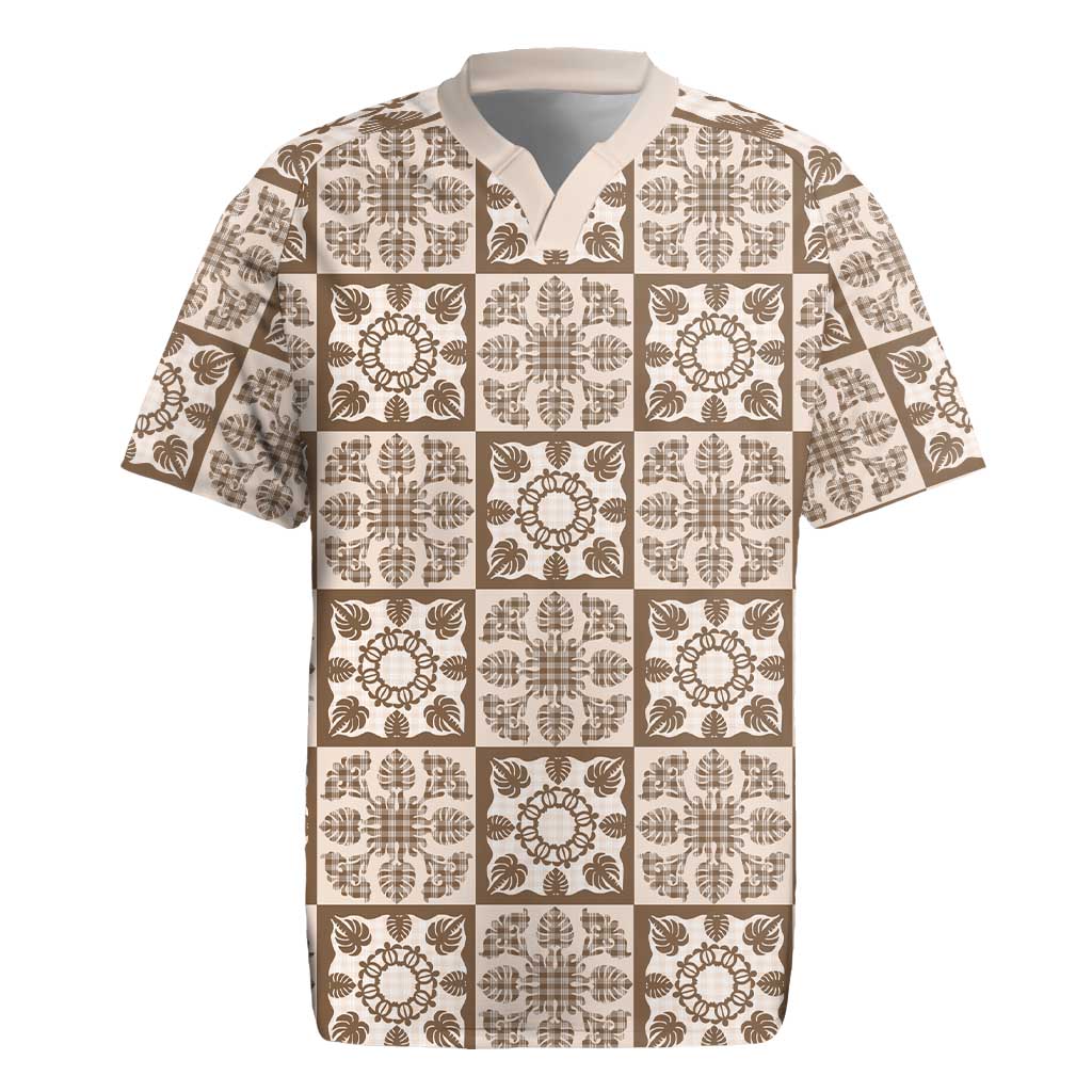Beige Palaka Quilt Hawaii Rugby Jersey Hawaiian Tropical Monstera Sea Turtle