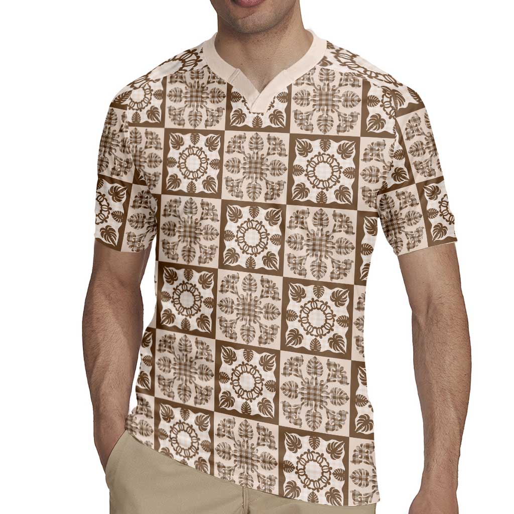 Beige Palaka Quilt Hawaii Rugby Jersey Hawaiian Tropical Monstera Sea Turtle