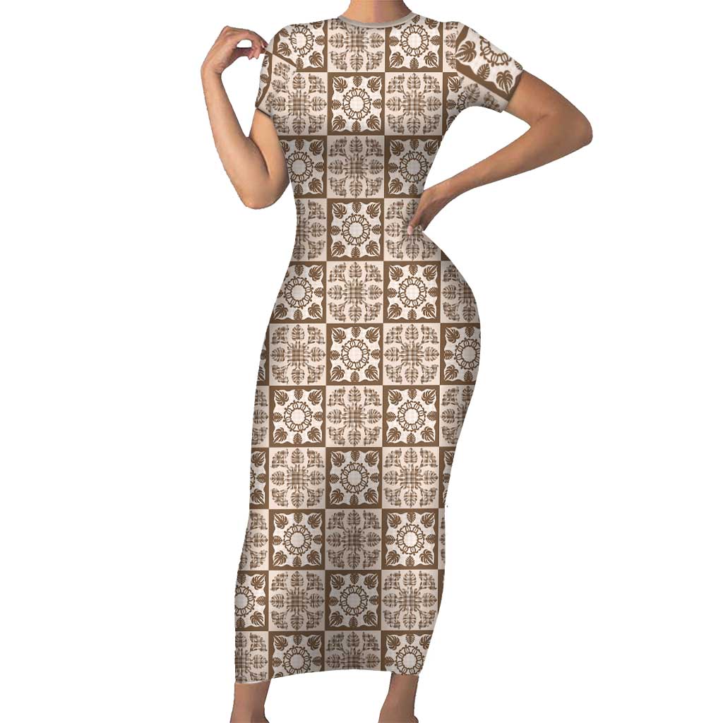 Beige Palaka Quilt Hawaii Short Sleeve Bodycon Dress Hawaiian Tropical Monstera Sea Turtle