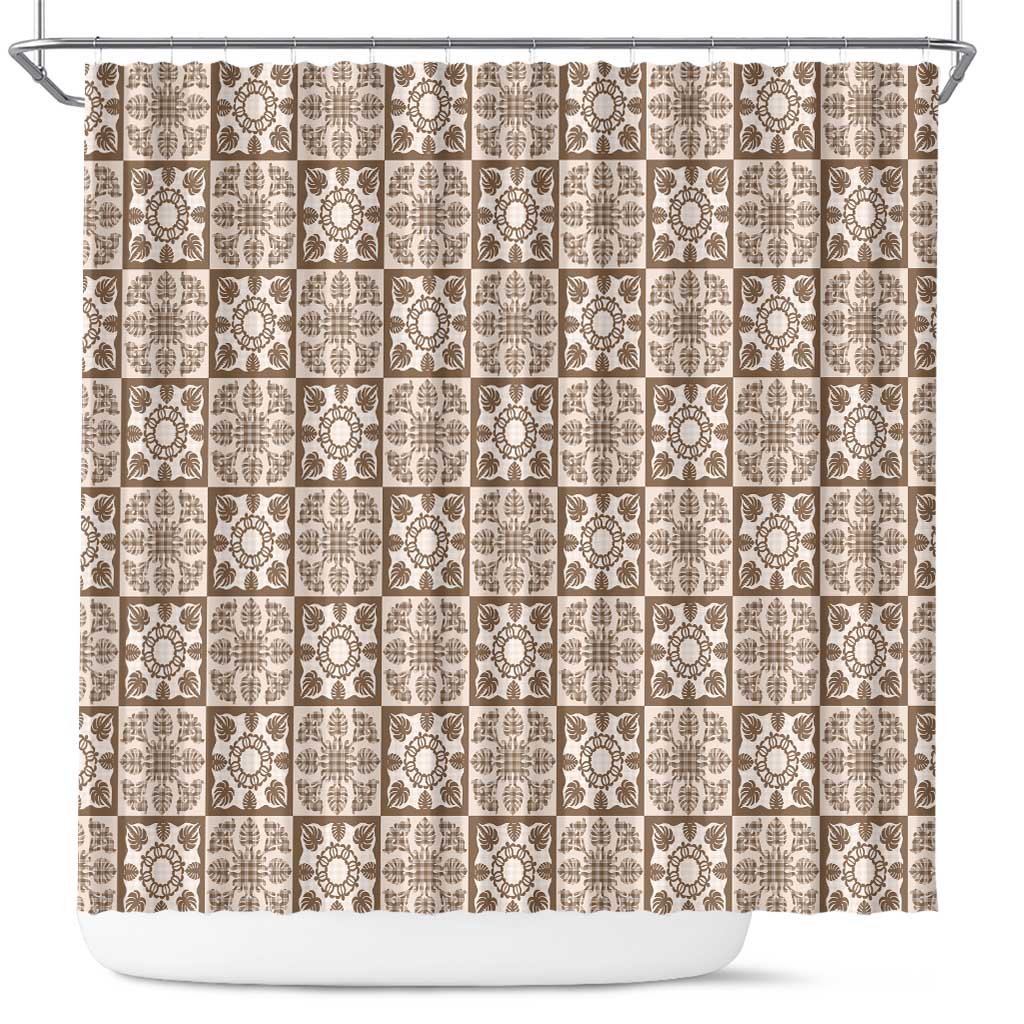 Beige Palaka Quilt Hawaii Shower Curtain Hawaiian Tropical Monstera Sea Turtle