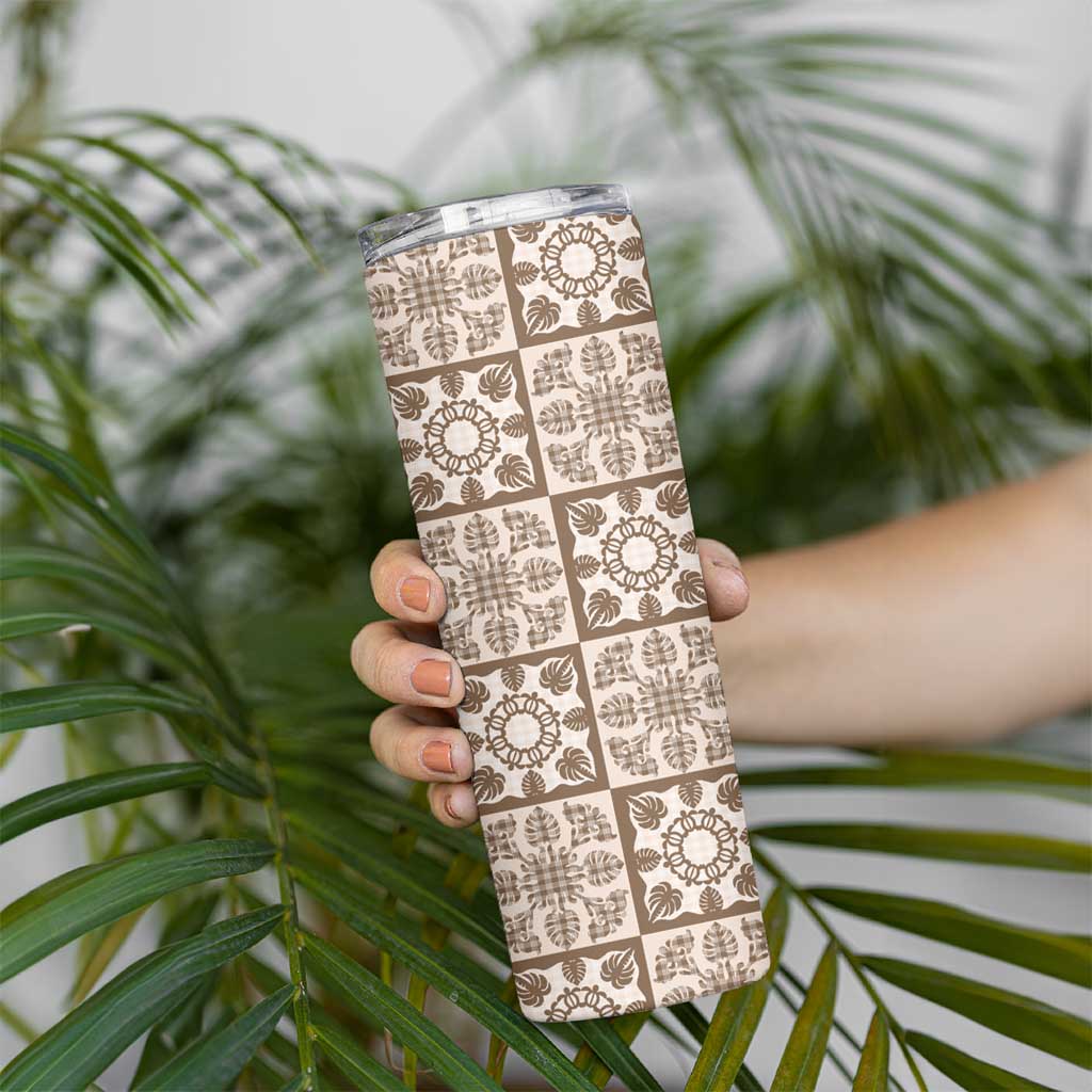 Beige Palaka Quilt Hawaii Skinny Tumbler Hawaiian Tropical Monstera Sea Turtle LT14 - Polynesian Pride