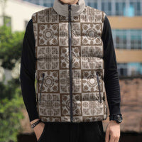 Beige Palaka Quilt Hawaii Sleeveless Puffer Jacket Hawaiian Tropical Monstera Sea Turtle