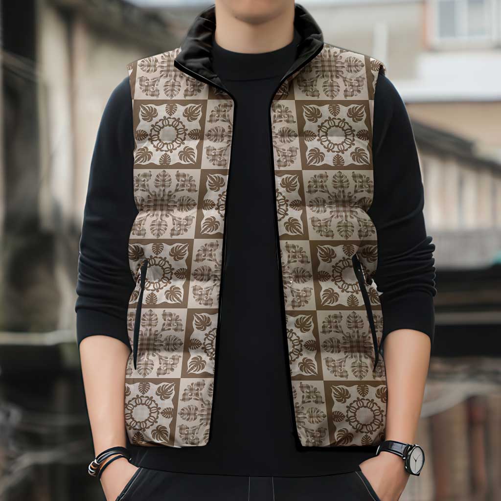 Beige Palaka Quilt Hawaii Sleeveless Puffer Jacket Hawaiian Tropical Monstera Sea Turtle