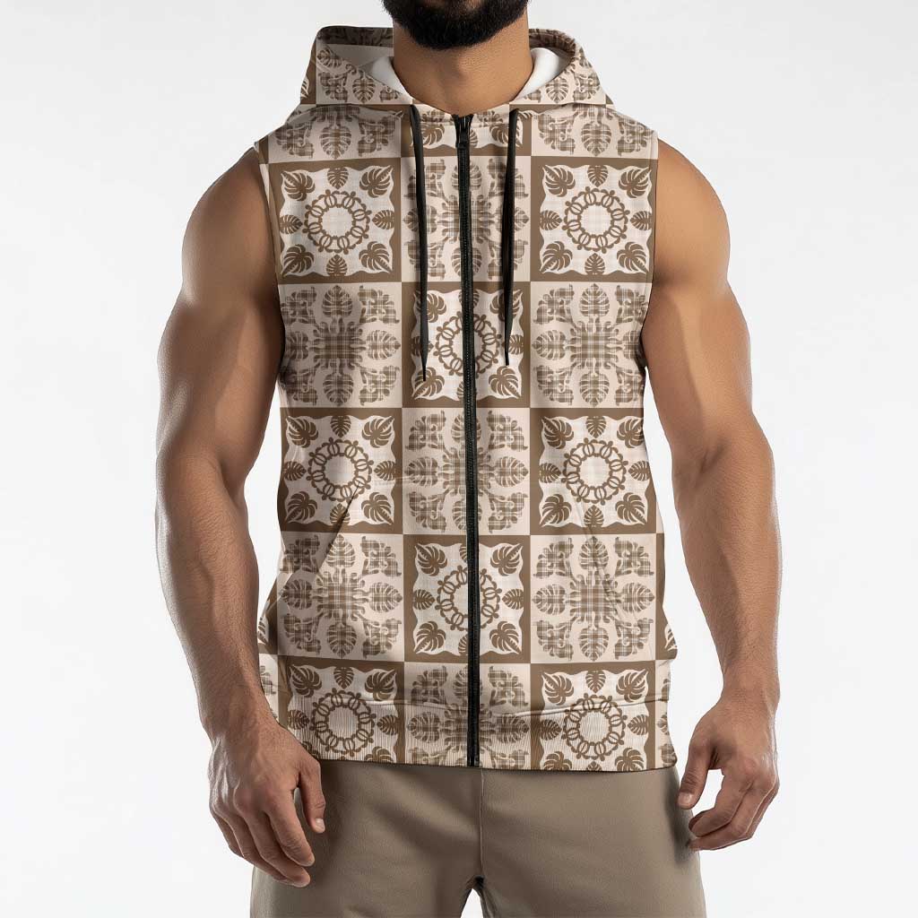 Beige Palaka Quilt Hawaii Sleeveless Zip Hoodie Hawaiian Tropical Monstera Sea Turtle