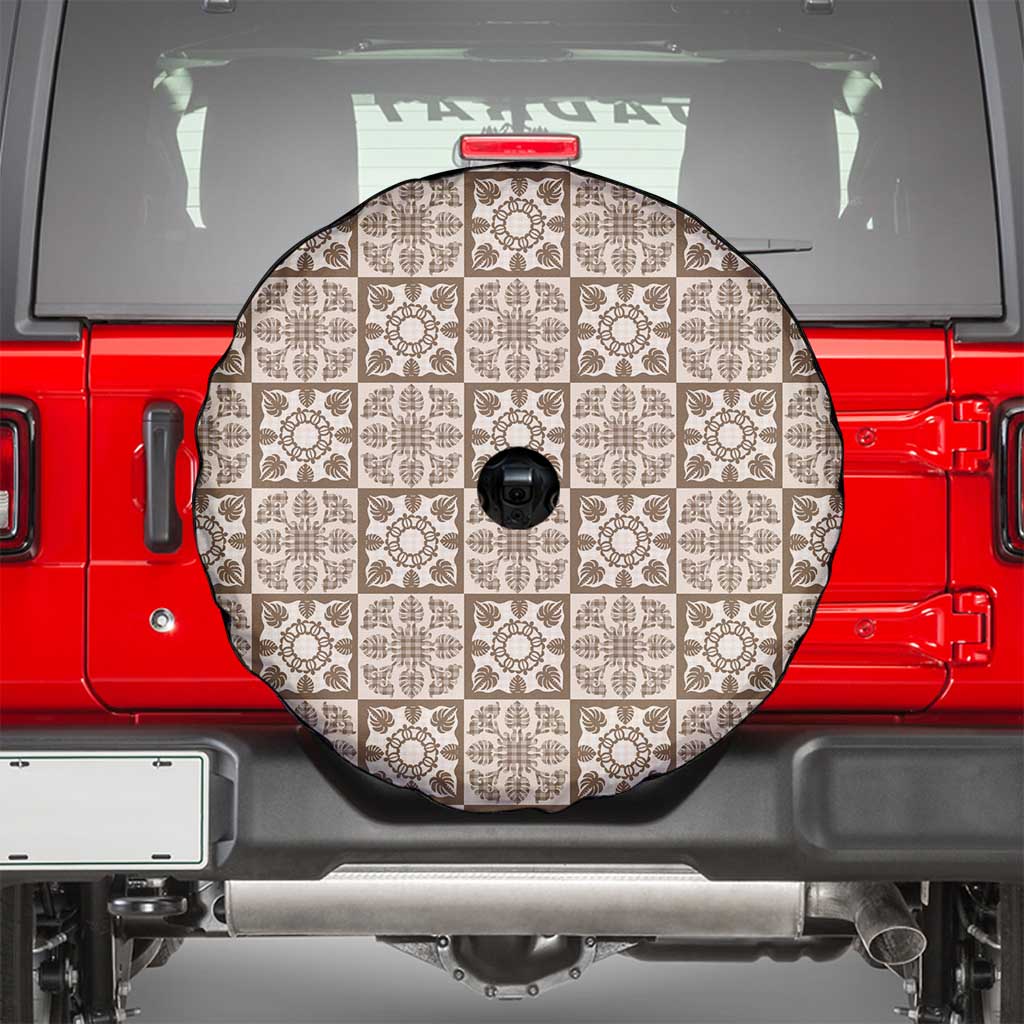 Beige Palaka Quilt Hawaii Spare Tire Cover Hawaiian Tropical Monstera Sea Turtle LT14 - Polynesian Pride