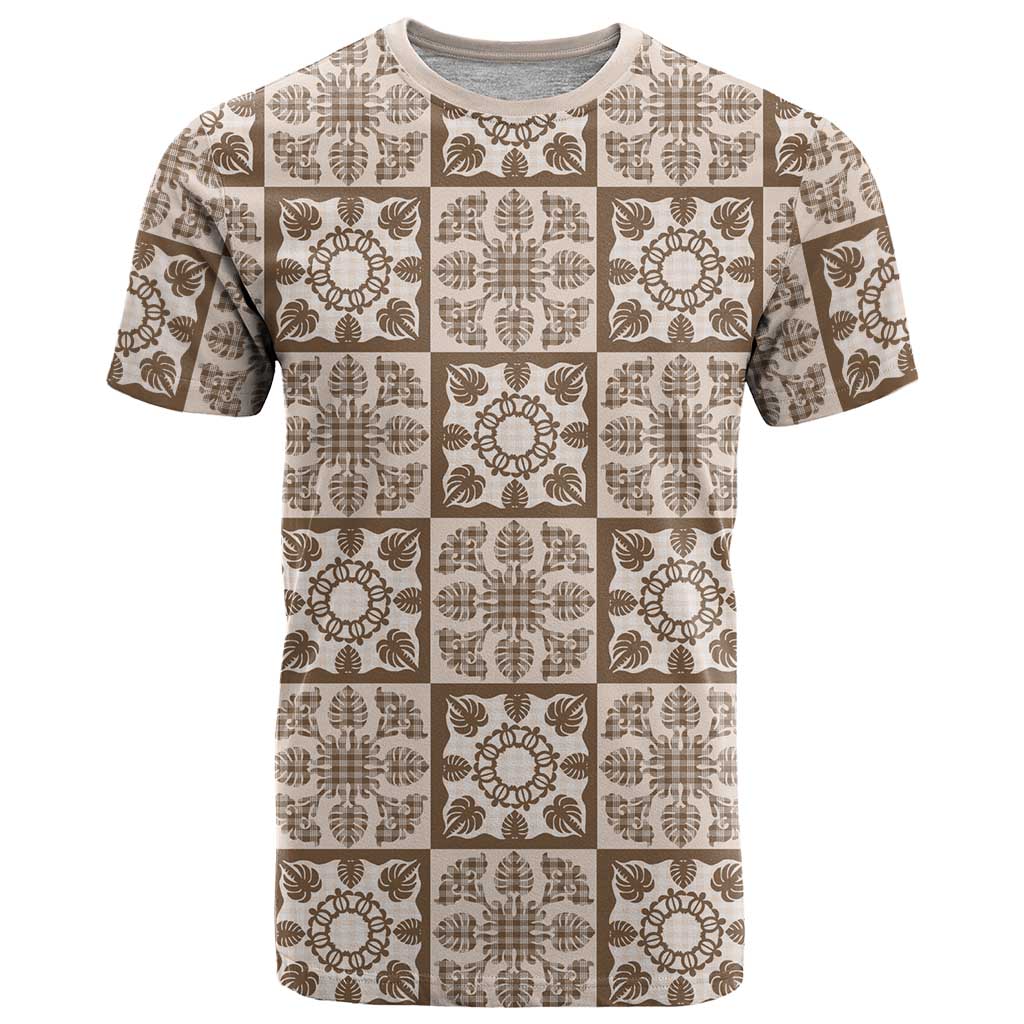 Beige Palaka Quilt Hawaii T Shirt Hawaiian Tropical Monstera Sea Turtle