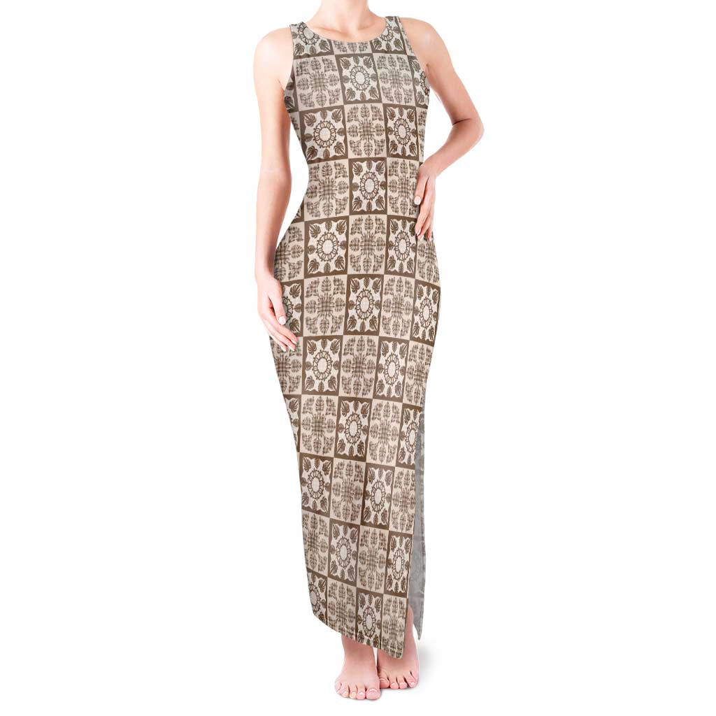 Beige Palaka Quilt Hawaii Tank Maxi Dress Hawaiian Tropical Monstera Sea Turtle