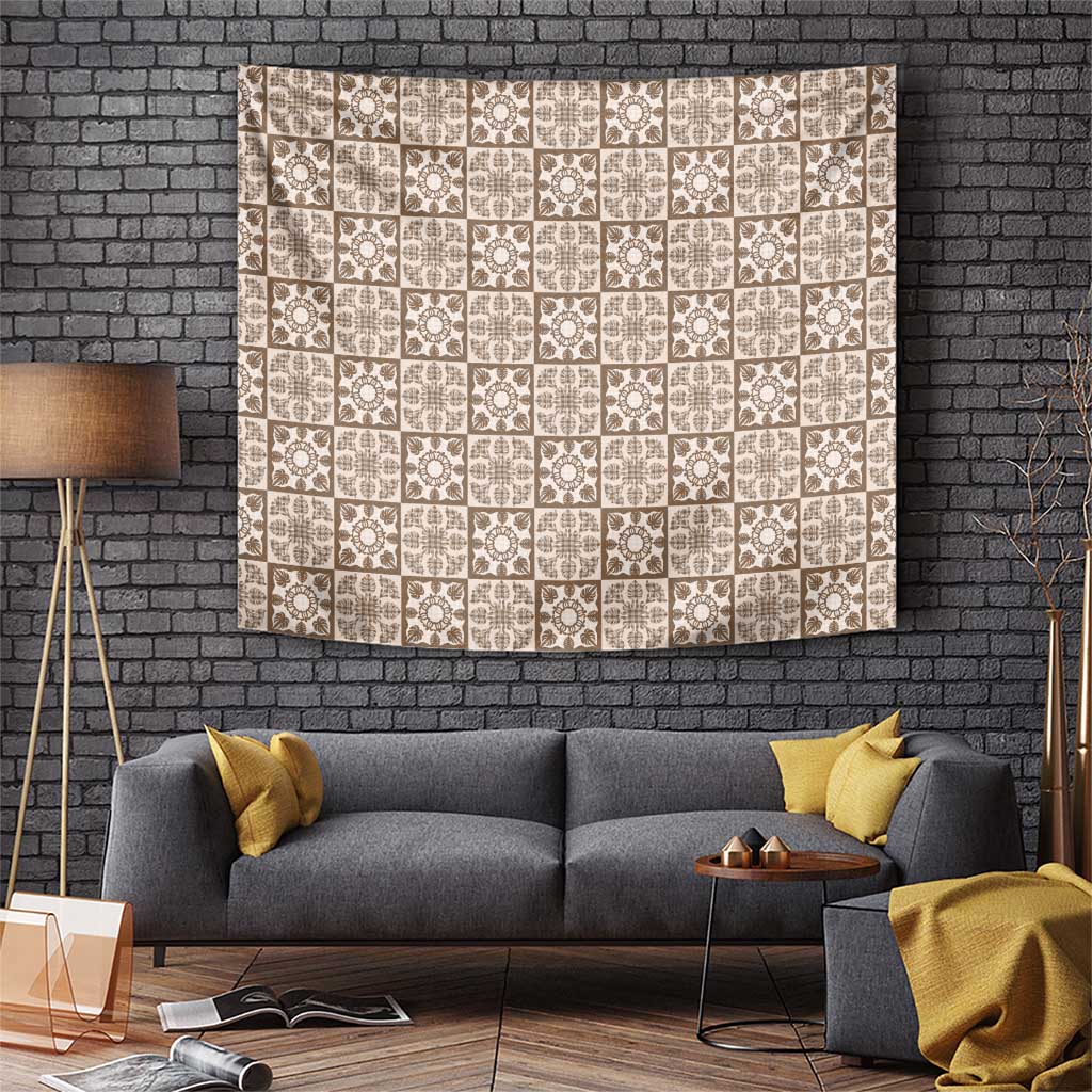 Beige Palaka Quilt Hawaii Tapestry Hawaiian Tropical Monstera Sea Turtle