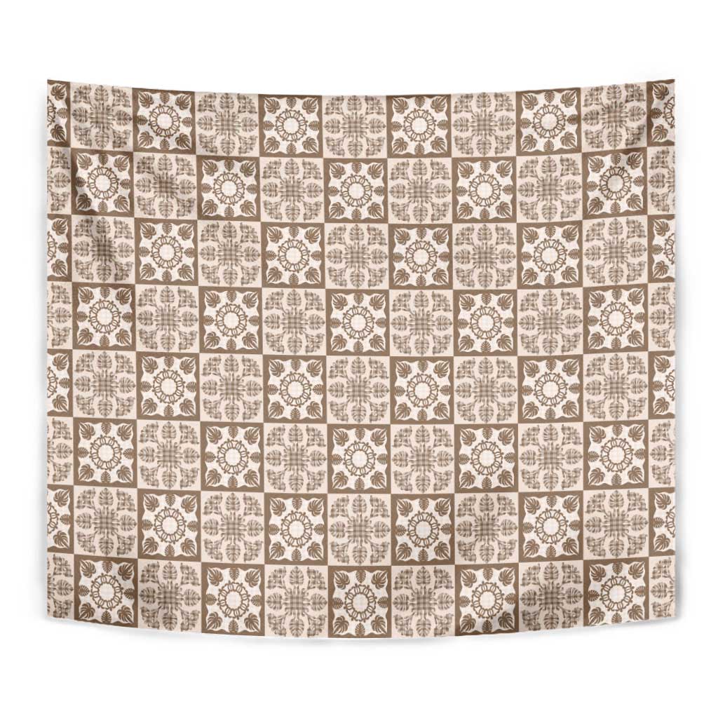 Beige Palaka Quilt Hawaii Tapestry Hawaiian Tropical Monstera Sea Turtle