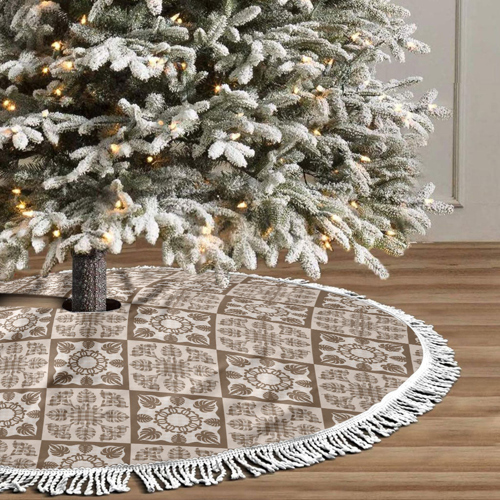 Beige Palaka Quilt Hawaii Tree Skirt Hawaiian Tropical Monstera Sea Turtle LT14 - Polynesian Pride