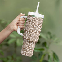 Beige Palaka Quilt Hawaii Tumbler With Handle Hawaiian Tropical Monstera Sea Turtle