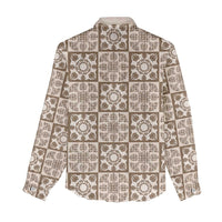 Beige Palaka Quilt Hawaii Women Casual Shirt Hawaiian Tropical Monstera Sea Turtle LT14 - Polynesian Pride