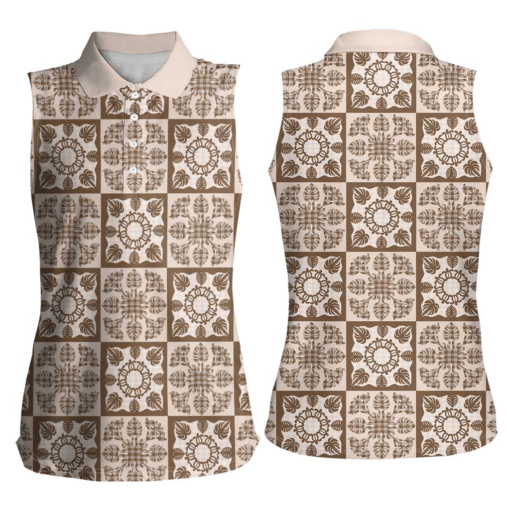 Beige Palaka Quilt Hawaii Women Sleeveless Polo Shirt Hawaiian Tropical Monstera Sea Turtle LT14 - Polynesian Pride