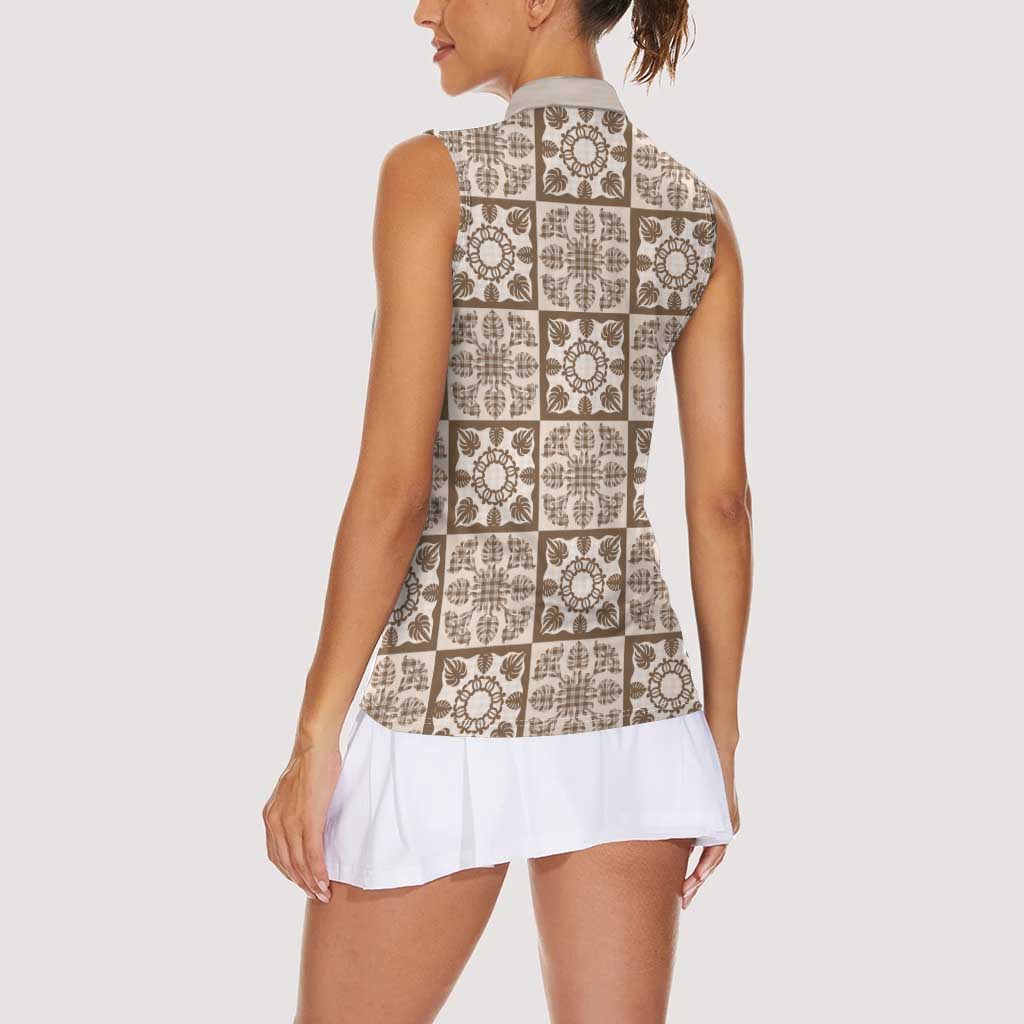 Beige Palaka Quilt Hawaii Women Sleeveless Polo Shirt Hawaiian Tropical Monstera Sea Turtle LT14 - Polynesian Pride