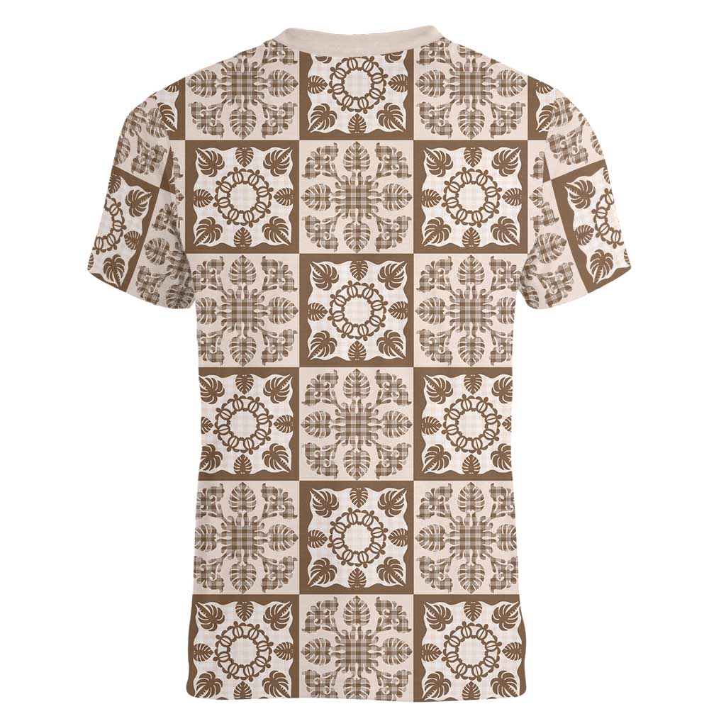 Beige Palaka Quilt Hawaii Women V-Neck T-Shirt Hawaiian Tropical Monstera Sea Turtle LT14 - Polynesian Pride