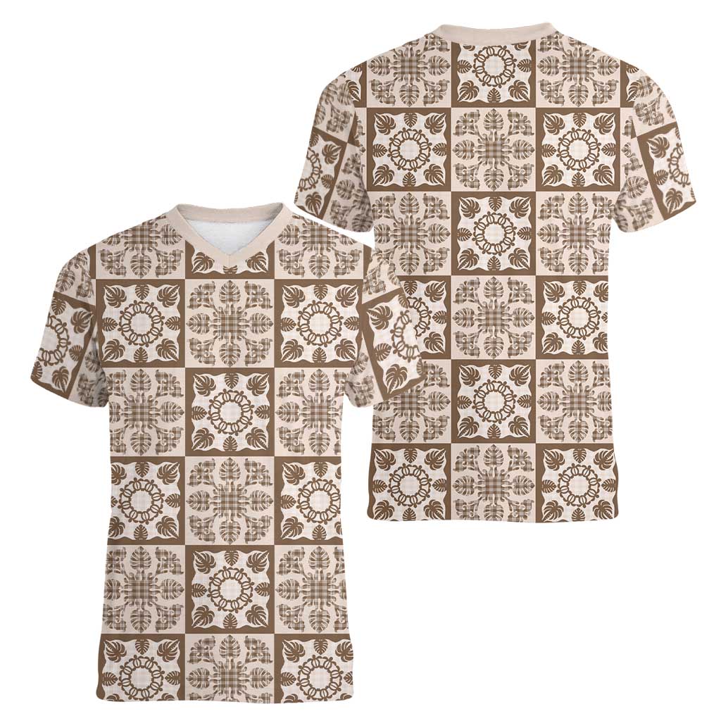Beige Palaka Quilt Hawaii Women V-Neck T-Shirt Hawaiian Tropical Monstera Sea Turtle LT14 - Polynesian Pride