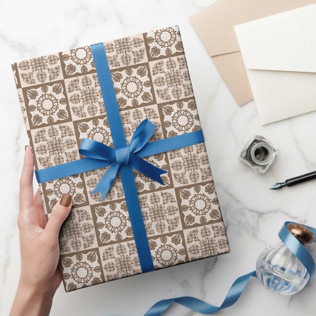 Beige Palaka Quilt Hawaii Wrapping Paper Hawaiian Tropical Monstera Sea Turtle