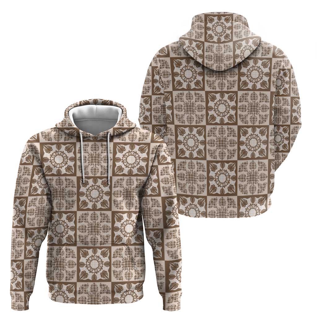 Beige Palaka Quilt Hawaii Zip Hoodie Hawaiian Tropical Monstera Sea Turtle