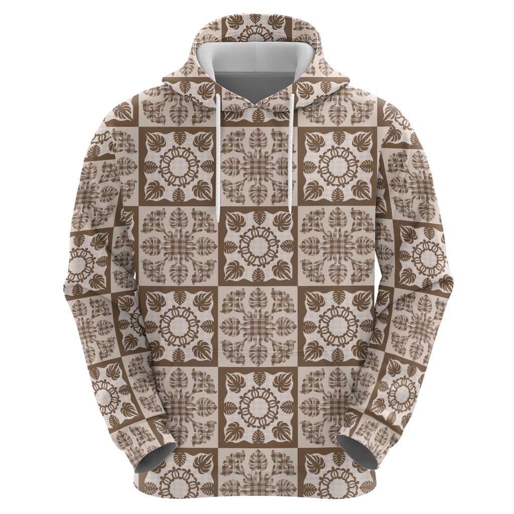 Beige Palaka Quilt Hawaii Zip Hoodie Hawaiian Tropical Monstera Sea Turtle
