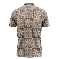 Beige Palaka Quilt Hawaii Zipper Polo Shirt Hawaiian Tropical Monstera Sea Turtle LT14 Beige - Polynesian Pride