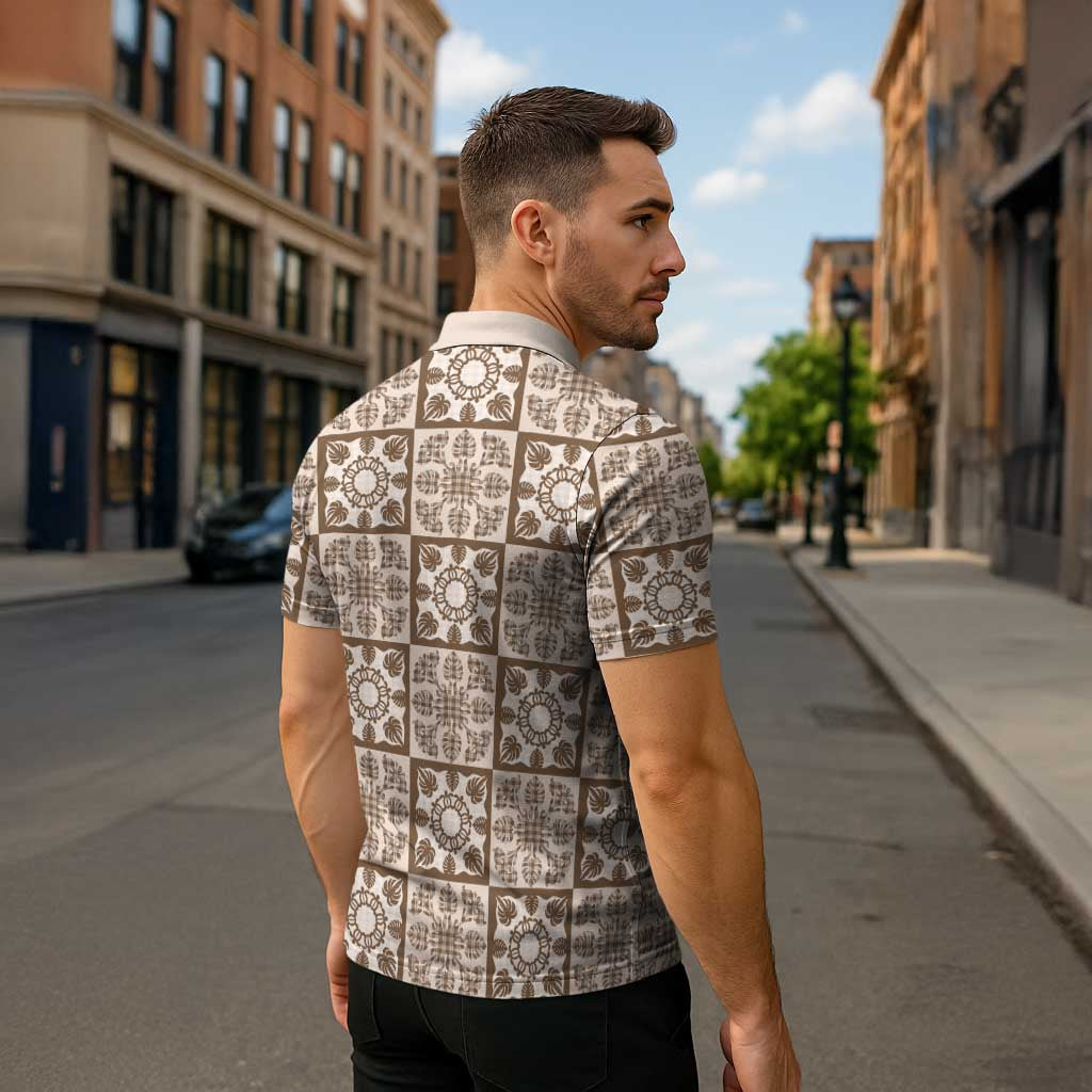 Beige Palaka Quilt Hawaii Zipper Polo Shirt Hawaiian Tropical Monstera Sea Turtle LT14 - Polynesian Pride
